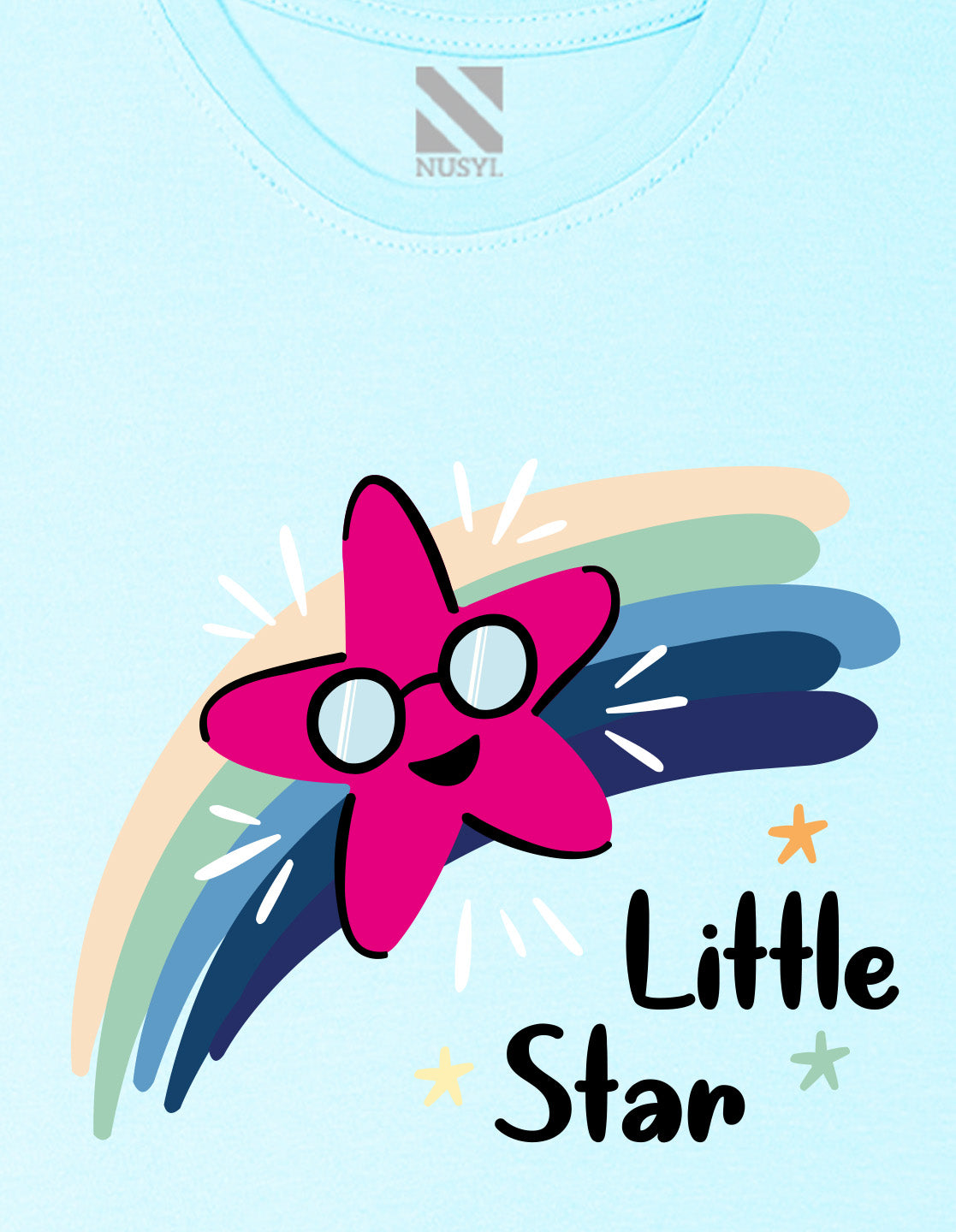 Nusyl Girl's Sky Blue Little Star Text Printed Regular Fit T-Shirt