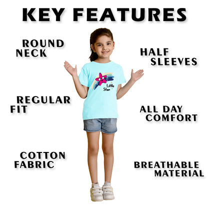 Nusyl Girl's Sky Blue Little Star Text Printed Regular Fit T-Shirt