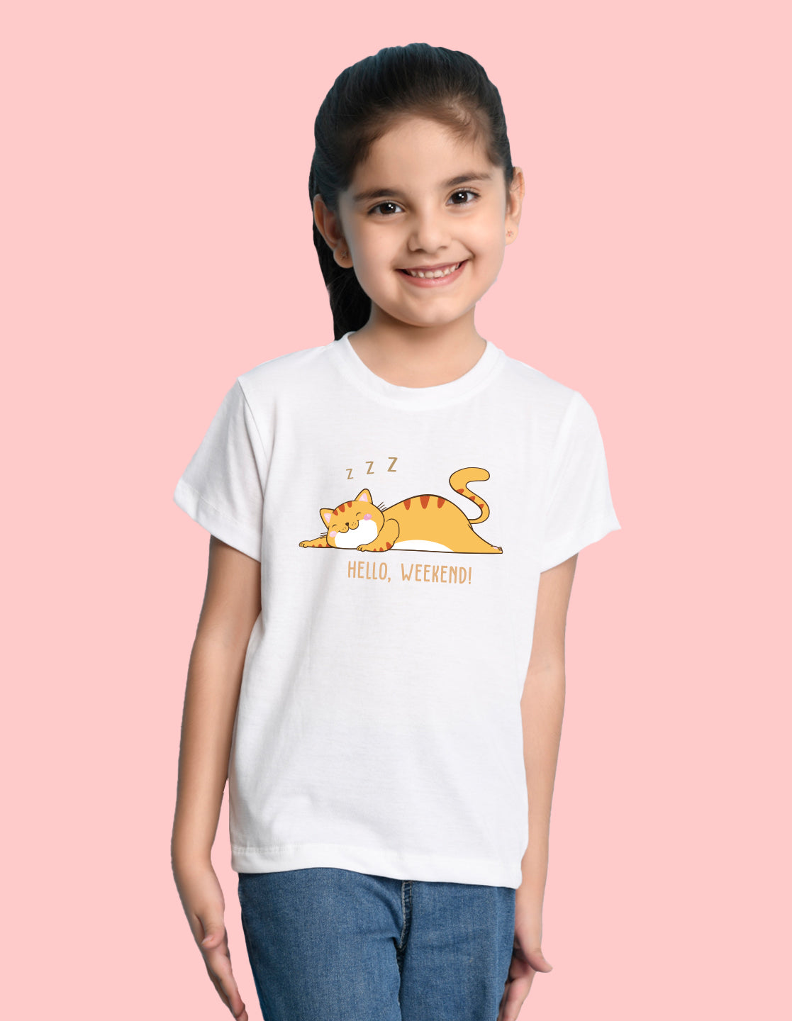 Nusyl Girl's White Hello Weekend & Cat Printed Regular Fit T-Shirt