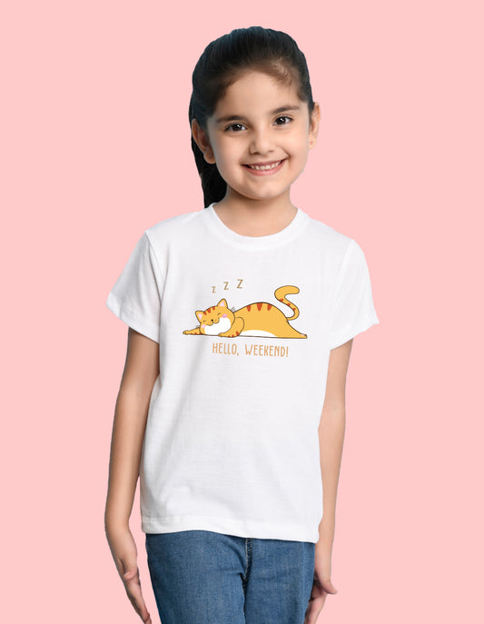 Nusyl Girl's White Hello Weekend & Cat Printed Regular Fit T-Shirt