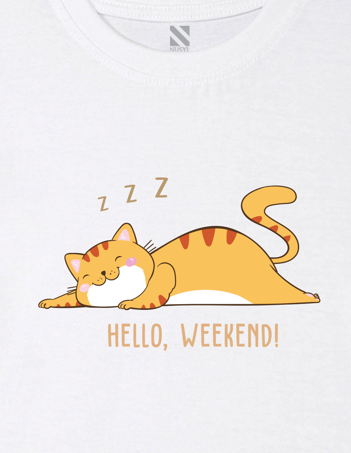 Nusyl Girl's White Hello Weekend & Cat Printed Regular Fit T-Shirt