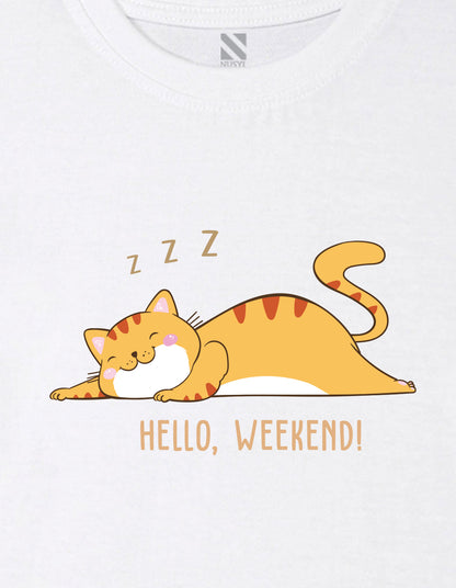 Nusyl Girl's White Hello Weekend & Cat Printed Regular Fit T-Shirt