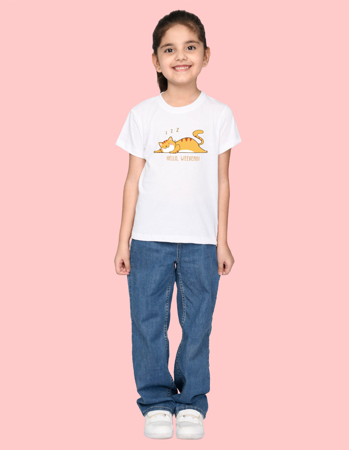 Nusyl Girl's White Hello Weekend & Cat Printed Regular Fit T-Shirt