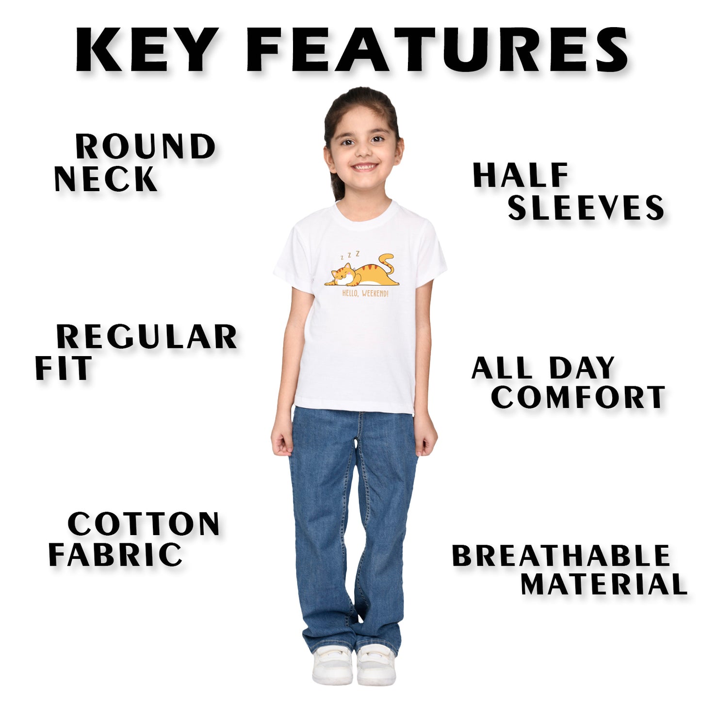 Nusyl Girl's White Hello Weekend & Cat Printed Regular Fit T-Shirt