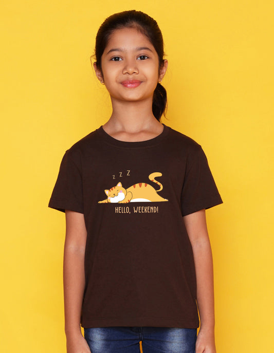 Nusyl Girl's Brown Hello Weekend & Cat Printed Regular Fit T-Shirt