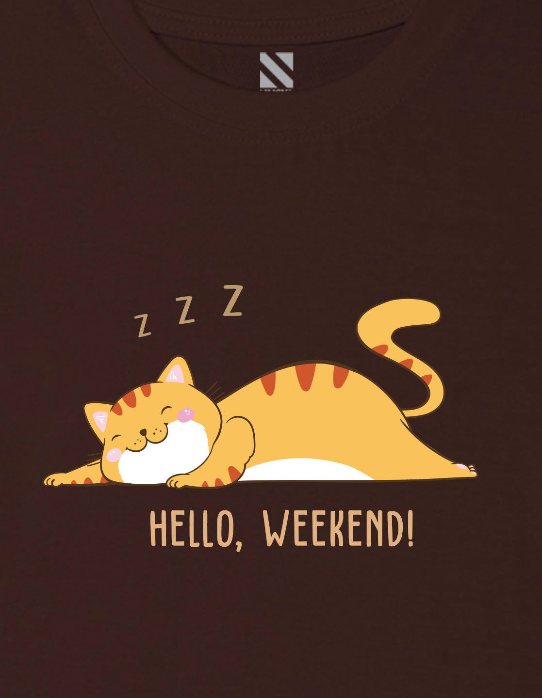 Nusyl Girl's Brown Hello Weekend & Cat Printed Regular Fit T-Shirt