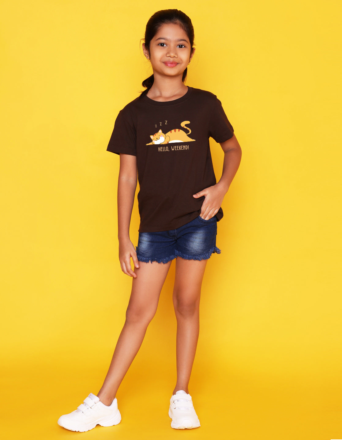 Nusyl Girl's Brown Hello Weekend & Cat Printed Regular Fit T-Shirt