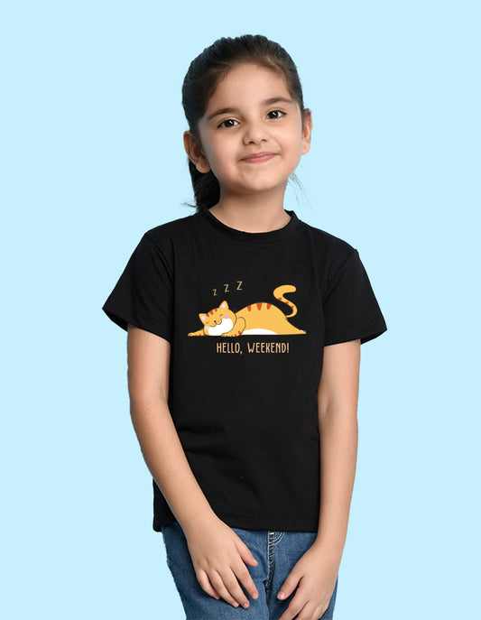 Nusyl Girl's Black Hello Weekend & Cat Printed Regular Fit T-Shirt