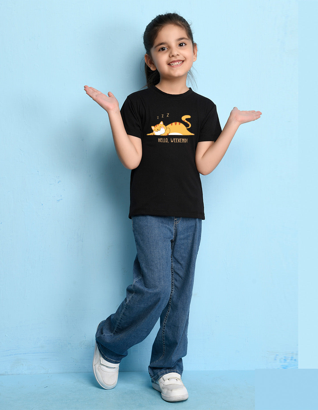 Nusyl Girl's Black Hello Weekend & Cat Printed Regular Fit T-Shirt