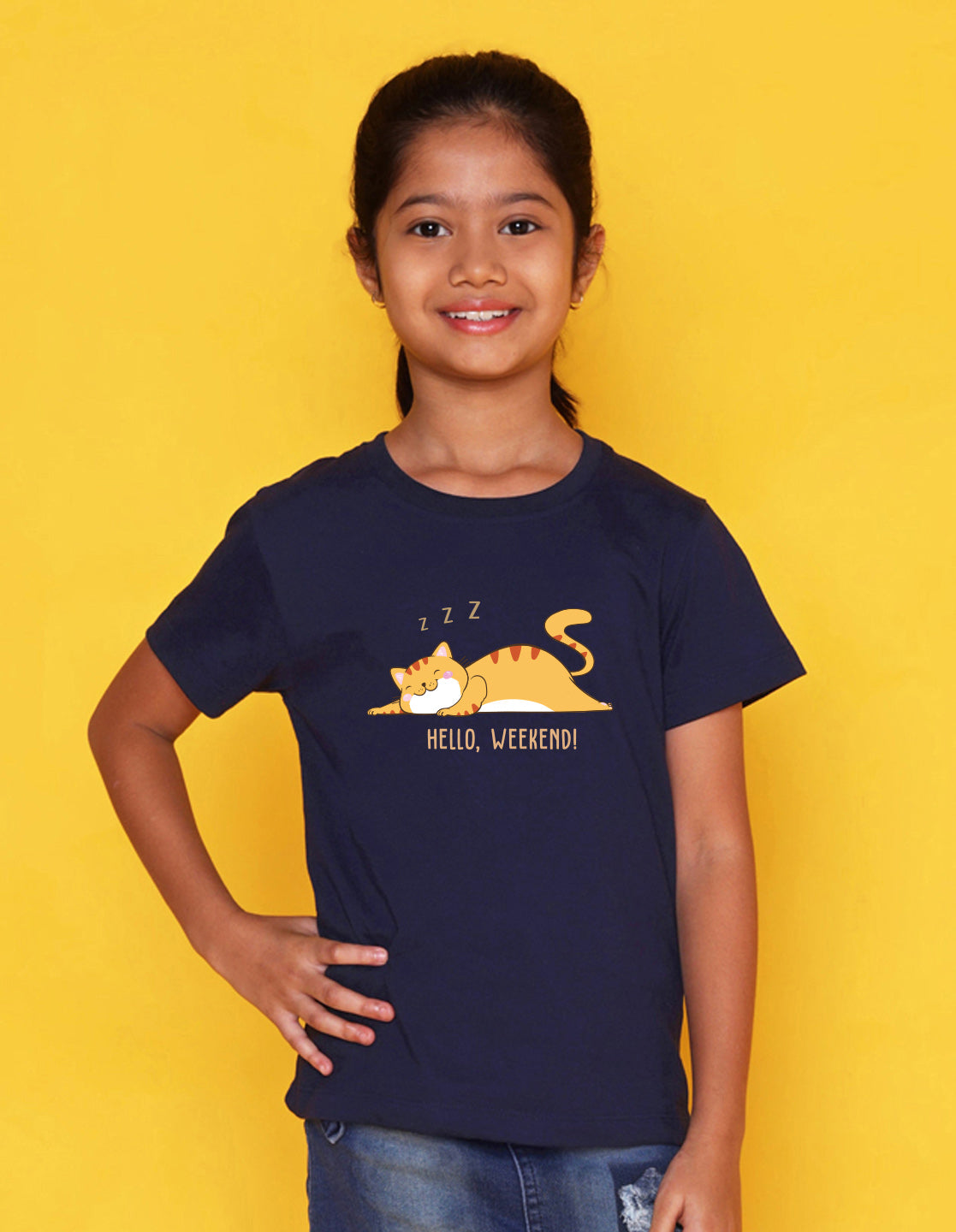 Nusyl Girl's Navy Blue Hello Weekend & Cat Printed Regular Fit T-Shirt