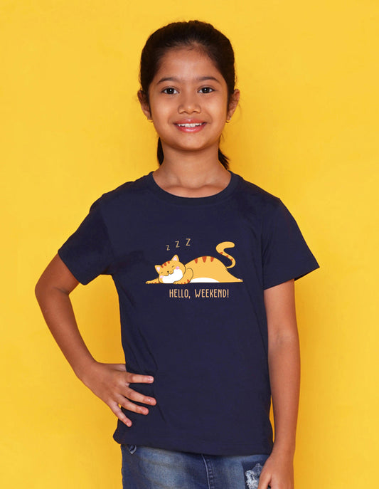 Nusyl Girl's Navy Blue Hello Weekend & Cat Printed Regular Fit T-Shirt