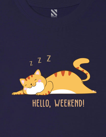 Nusyl Girl's Navy Blue Hello Weekend & Cat Printed Regular Fit T-Shirt