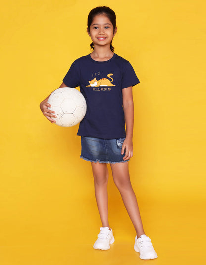 Nusyl Girl's Navy Blue Hello Weekend & Cat Printed Regular Fit T-Shirt