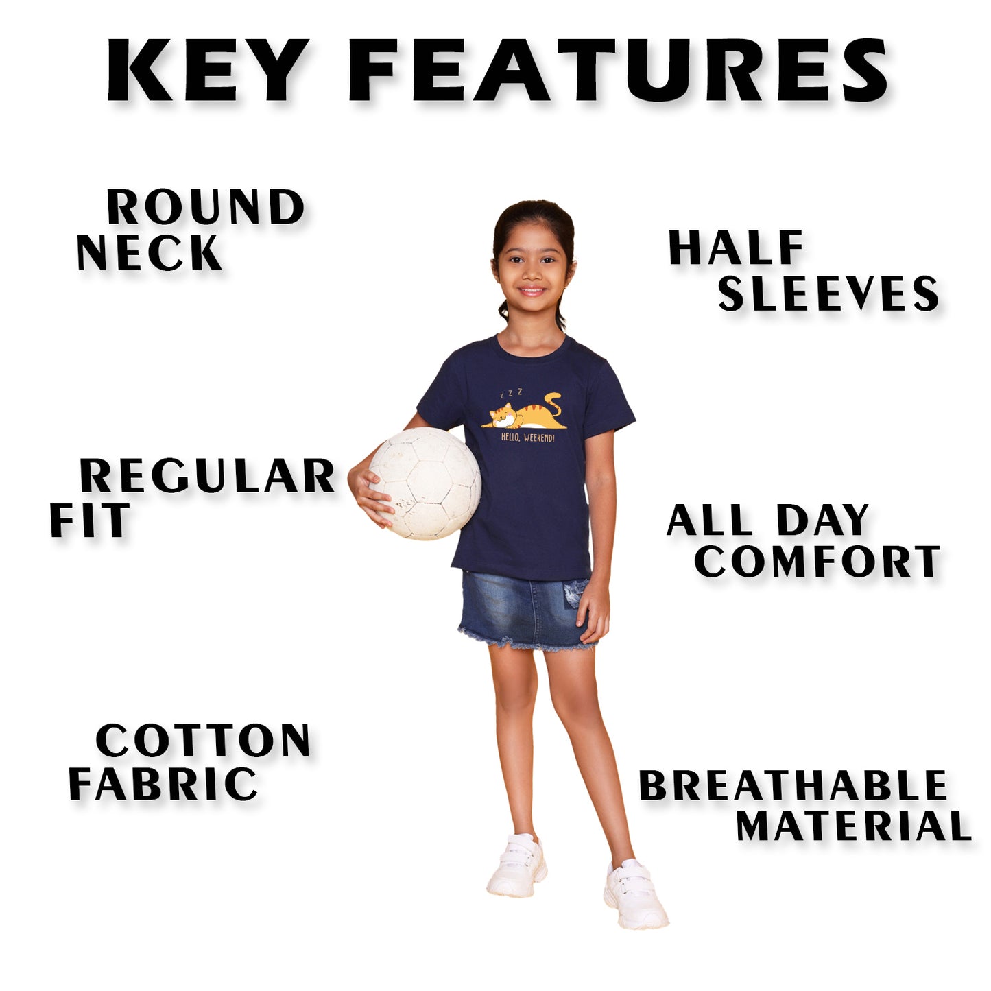 Nusyl Girl's Navy Blue Hello Weekend & Cat Printed Regular Fit T-Shirt