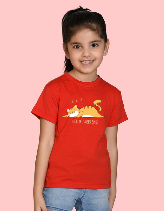 Nusyl Girl's Red Hello Weekend & Cat Printed Regular Fit T-Shirt
