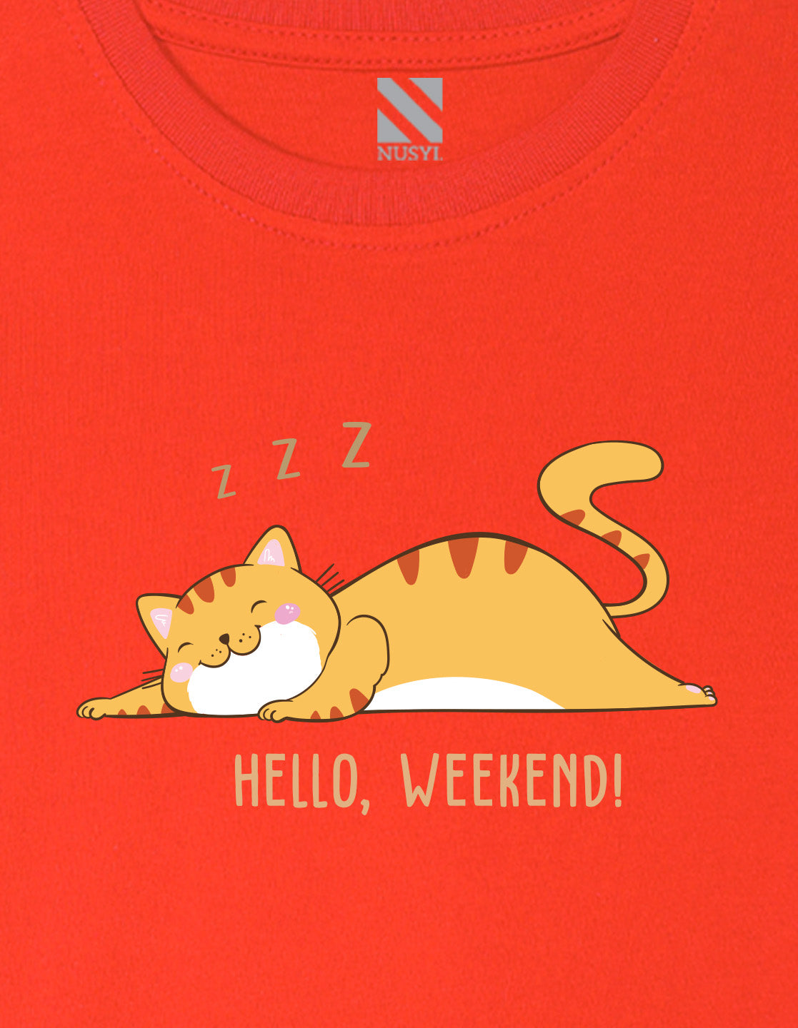 Nusyl Girl's Red Hello Weekend & Cat Printed Regular Fit T-Shirt