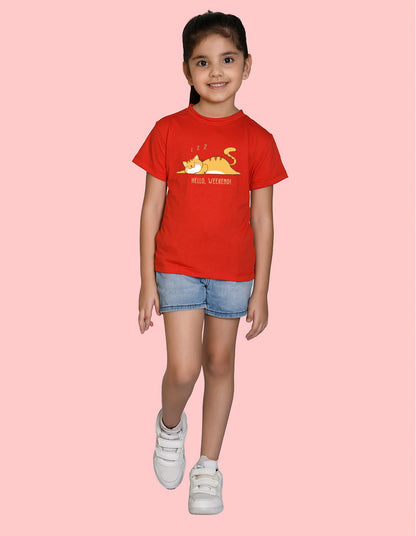 Nusyl Girl's Red Hello Weekend & Cat Printed Regular Fit T-Shirt