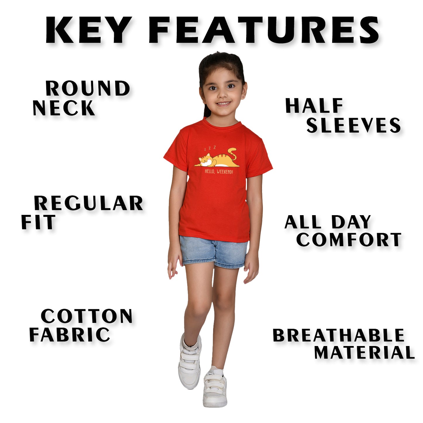 Nusyl Girl's Red Hello Weekend & Cat Printed Regular Fit T-Shirt