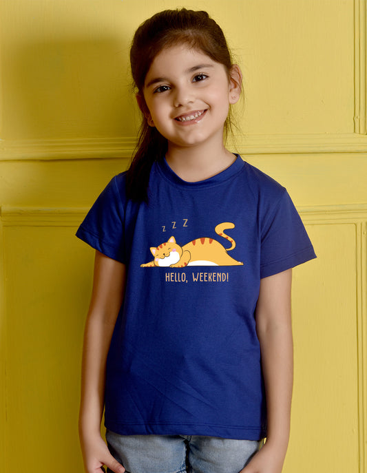 Nusyl Girl's Royal Blue Hello Weekend & Cat Printed Regular Fit T-Shirt
