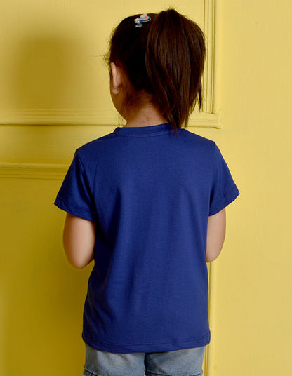 Nusyl Girl's Royal Blue Hello Weekend & Cat Printed Regular Fit T-Shirt