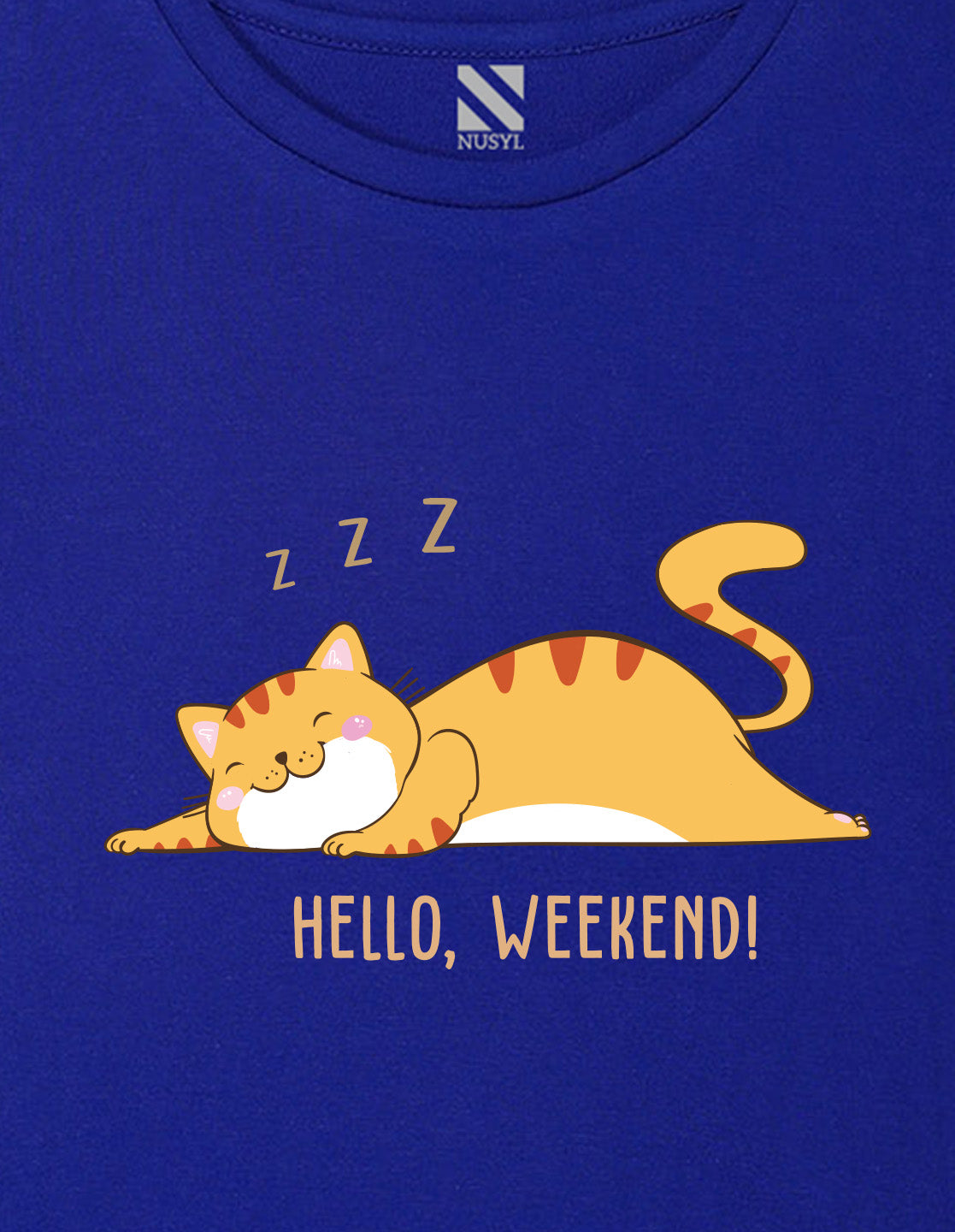 Nusyl Girl's Royal Blue Hello Weekend & Cat Printed Regular Fit T-Shirt