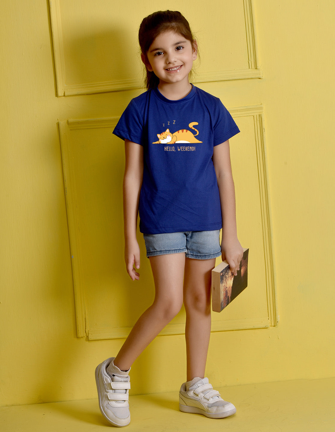 Nusyl Girl's Royal Blue Hello Weekend & Cat Printed Regular Fit T-Shirt