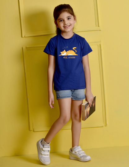 Nusyl Girl's Royal Blue Hello Weekend & Cat Printed Regular Fit T-Shirt