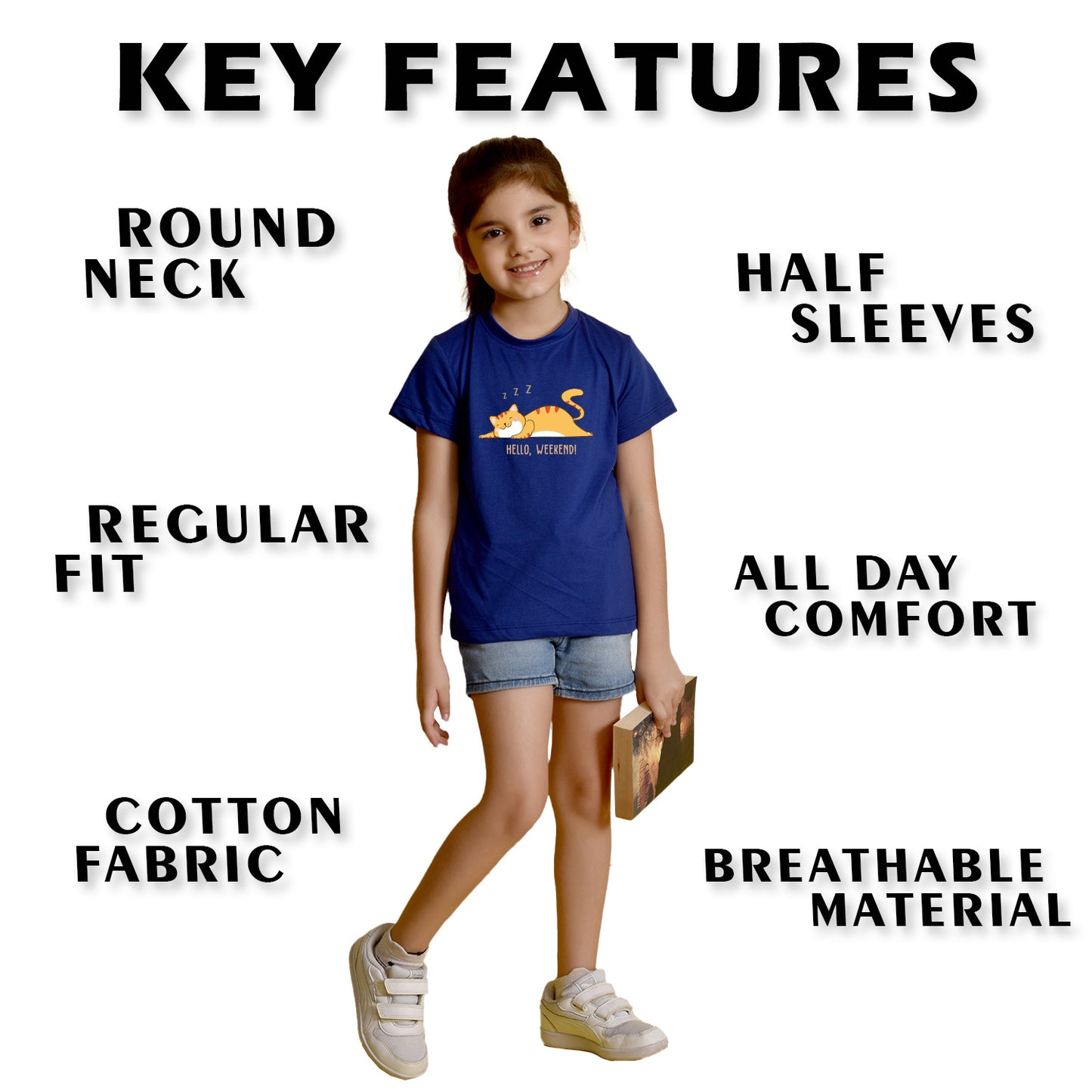 Nusyl Girl's Royal Blue Hello Weekend & Cat Printed Regular Fit T-Shirt