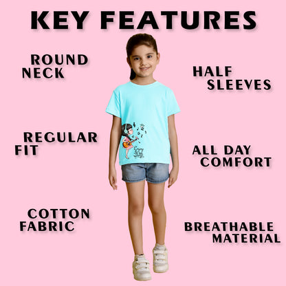 NUSYL Girls Hot Pink & Sky Blue & Yellow Cute Girls Printed Half Sleeves T-Shirt Pack of 3