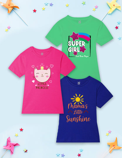 NUSYL Girls Green & Hot Pink & Royal Blue Super Girl Text Printed Half Sleeves T-Shirt Pack of 3
