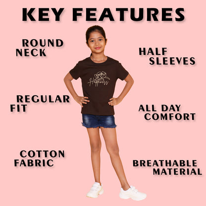NUSYL Girls Sky Blue & Green & Brown Multi Text Printed Half Sleeves T-Shirt Pack of 3