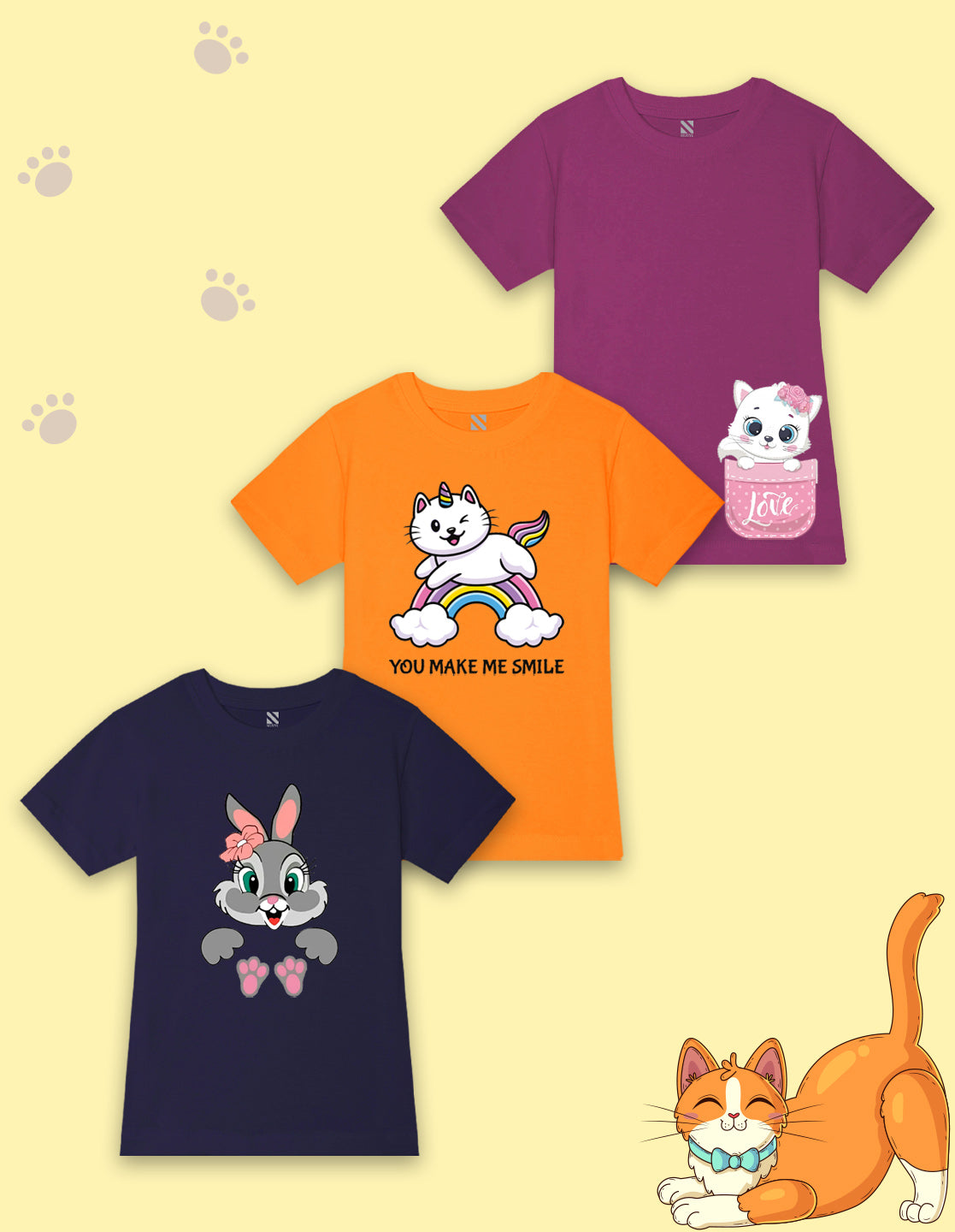 NUSYL Girls Orange & Wine & Navy Blue Cat Printed Half Sleeves T-Shirt Pack of 3