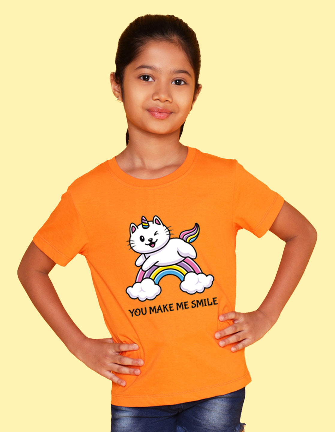 NUSYL Girls Orange & Wine & Navy Blue Cat Printed Half Sleeves T-Shirt Pack of 3