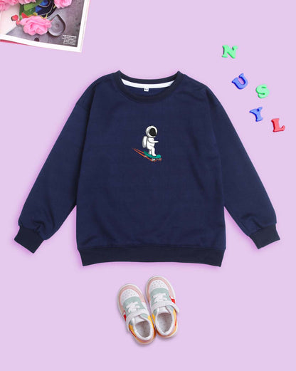 Nusyl Unisex Navy Blue Astronaut Printed Round Neck Sweatshirts