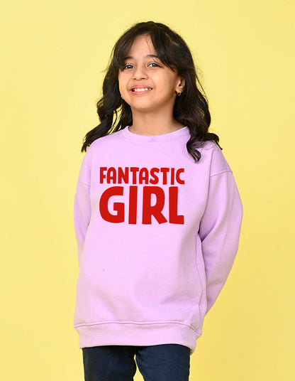 Nusyl Girl's Lilac Fantastic Girl Text Printed Round Neck Oversized Sweatshirt