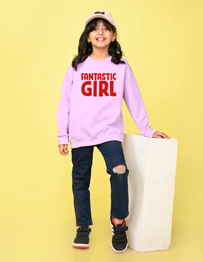 Nusyl Girl's Lilac Fantastic Girl Text Printed Round Neck Oversized Sweatshirt