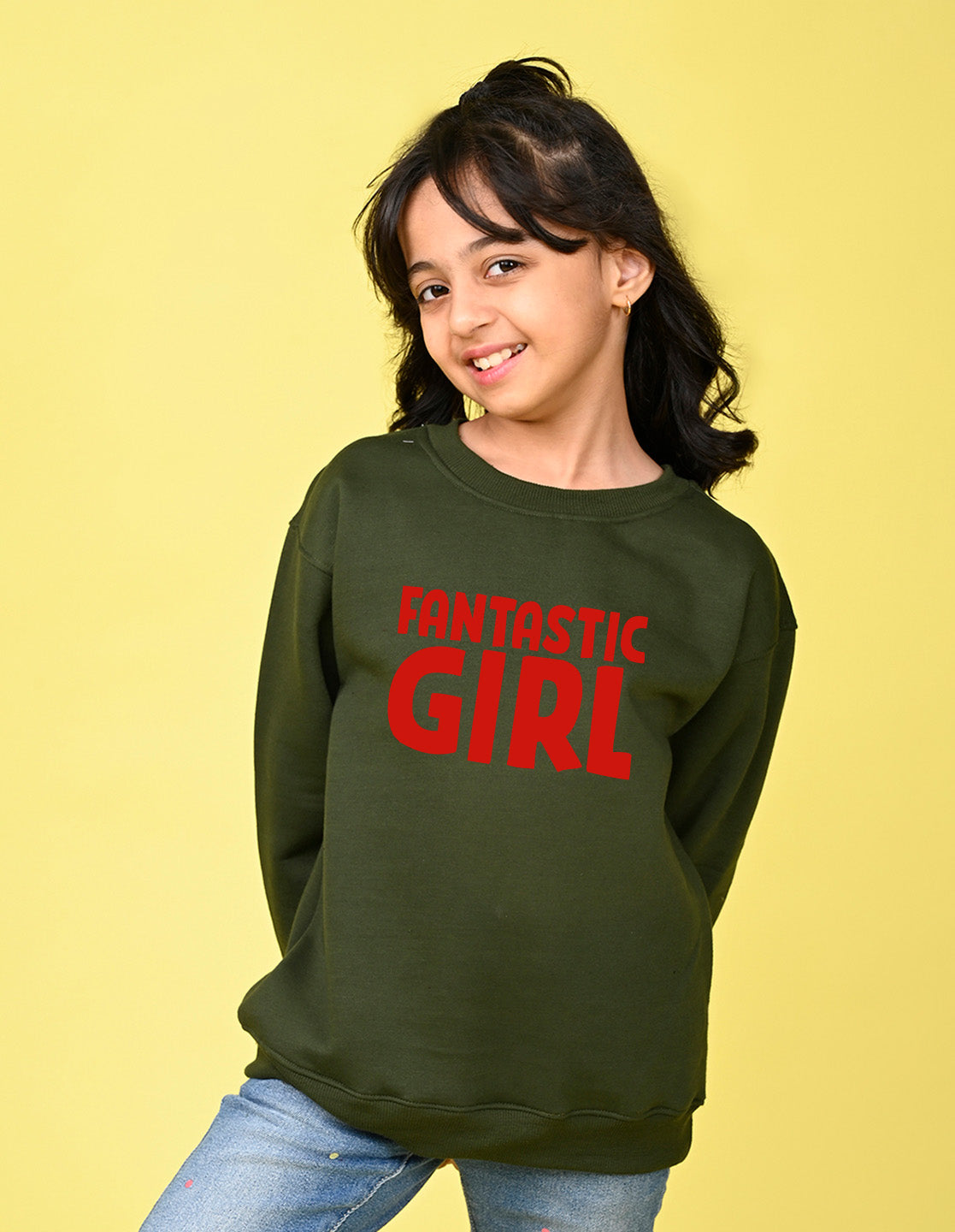Nusyl Girl's Olive Fantastic Girl Text Printed Round Neck Oversized Sweatshirt