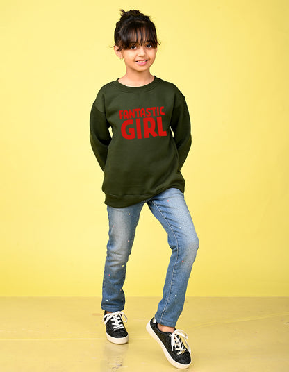 Nusyl Girl's Olive Fantastic Girl Text Printed Round Neck Oversized Sweatshirt