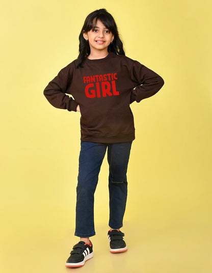 Nusyl Girl's Brown Fantastic Girl Text Printed Round Neck Oversized Sweatshirt