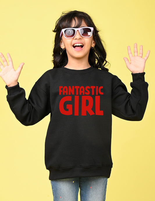 Nusyl Girl's Black Fantastic Girl Text Printed Round Neck Oversized Sweatshirt