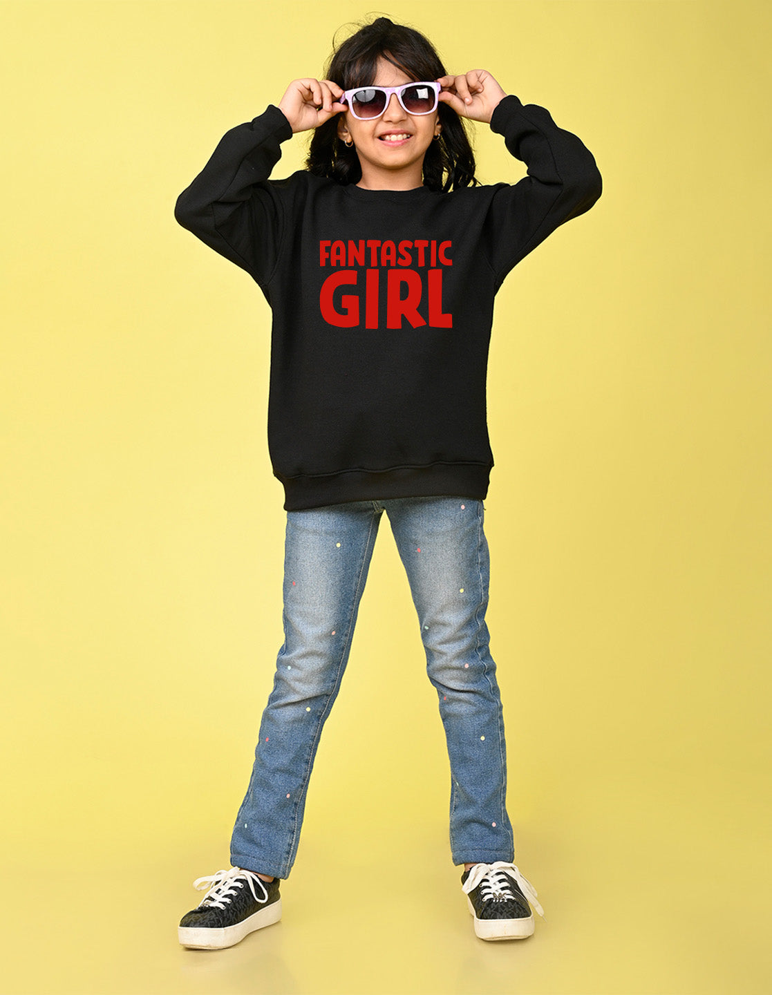 Nusyl Girl's Black Fantastic Girl Text Printed Round Neck Oversized Sweatshirt