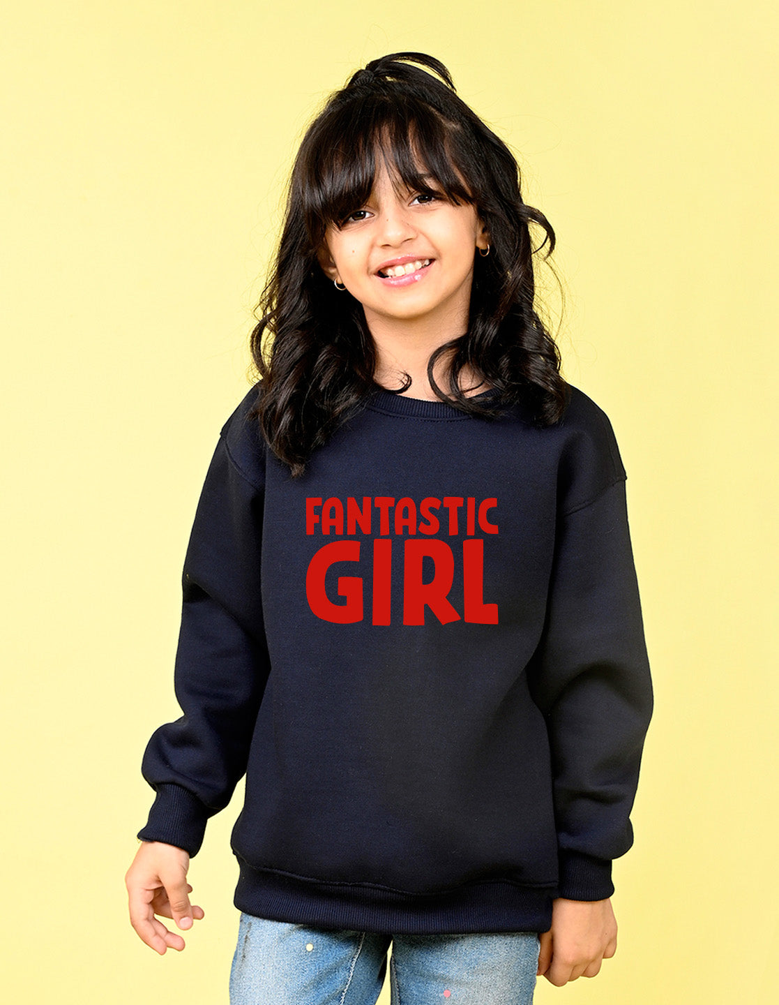 Nusyl Girl's Navy Blue Fantastic Girl Text Printed Round Neck Oversized Sweatshirt