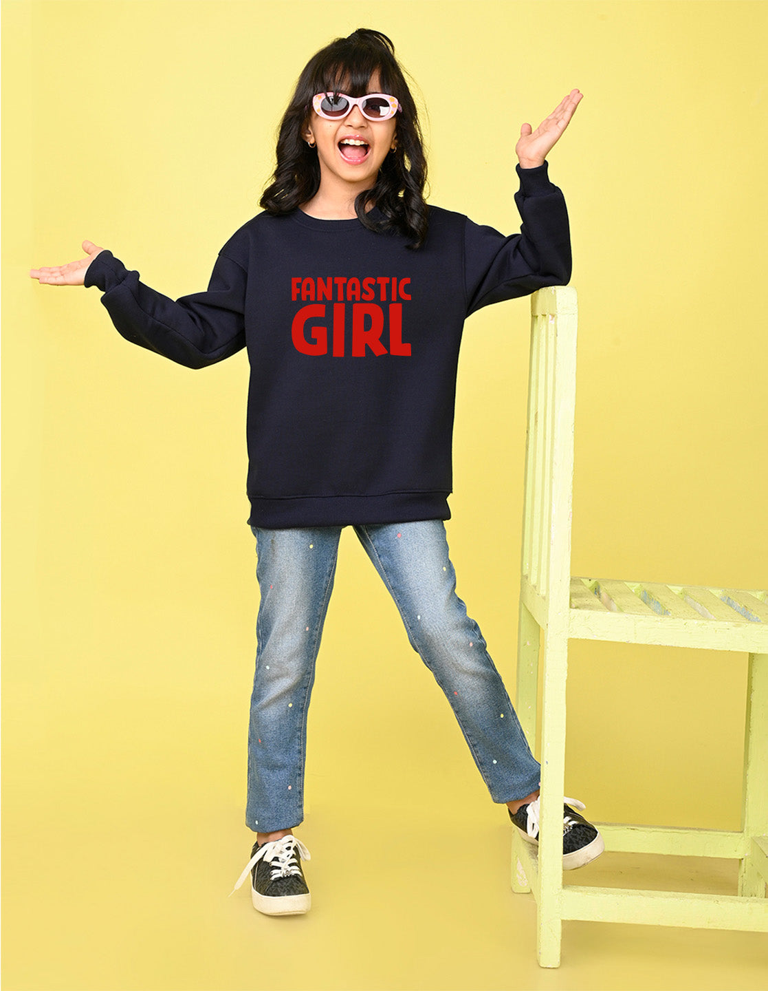 Nusyl Girl's Navy Blue Fantastic Girl Text Printed Round Neck Oversized Sweatshirt