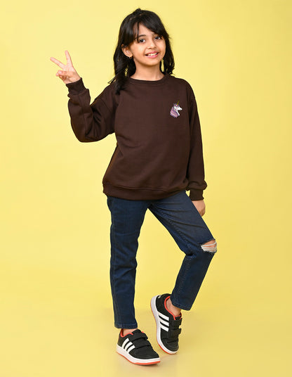 Nusyl Girl's Brown Unicorn  Printed Round Neck Oversized Sweatshirt