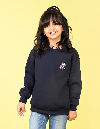 Nusyl Girl's Navy Blue Unicorn  Printed Round Neck Oversized Sweatshirt