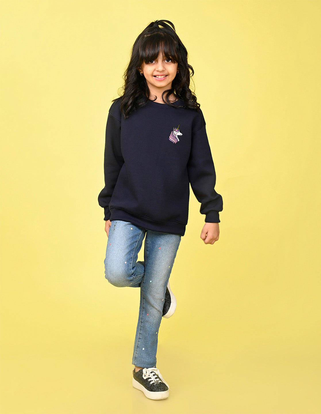 Nusyl Girl's Navy Blue Unicorn  Printed Round Neck Oversized Sweatshirt