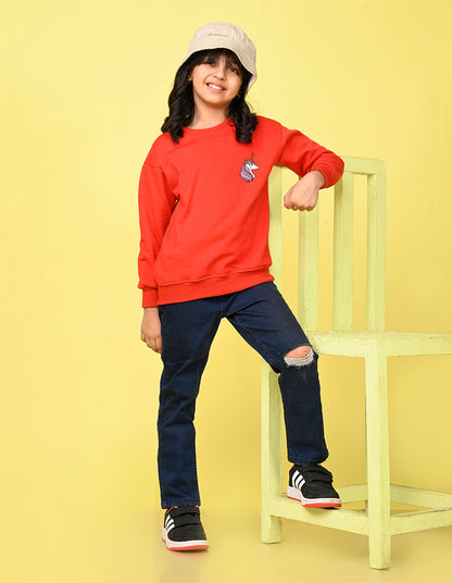 Nusyl Girl's Red Unicorn  Printed Round Neck Oversized Sweatshirt