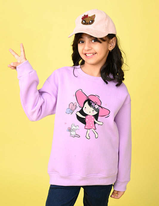 Nusyl Girl's Lilac Cute Girl Printed Round Neck Oversized Sweatshirt