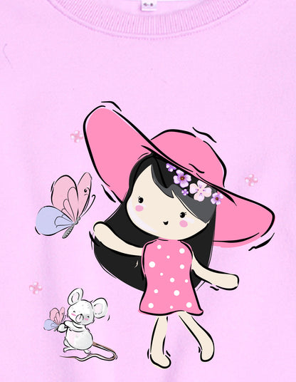 Nusyl Girl's Lilac Cute Girl Printed Round Neck Oversized Sweatshirt