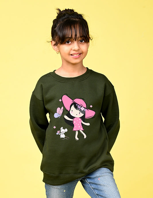 Nusyl Girl's Olive Cute Girl Printed Round Neck Oversized Sweatshirt